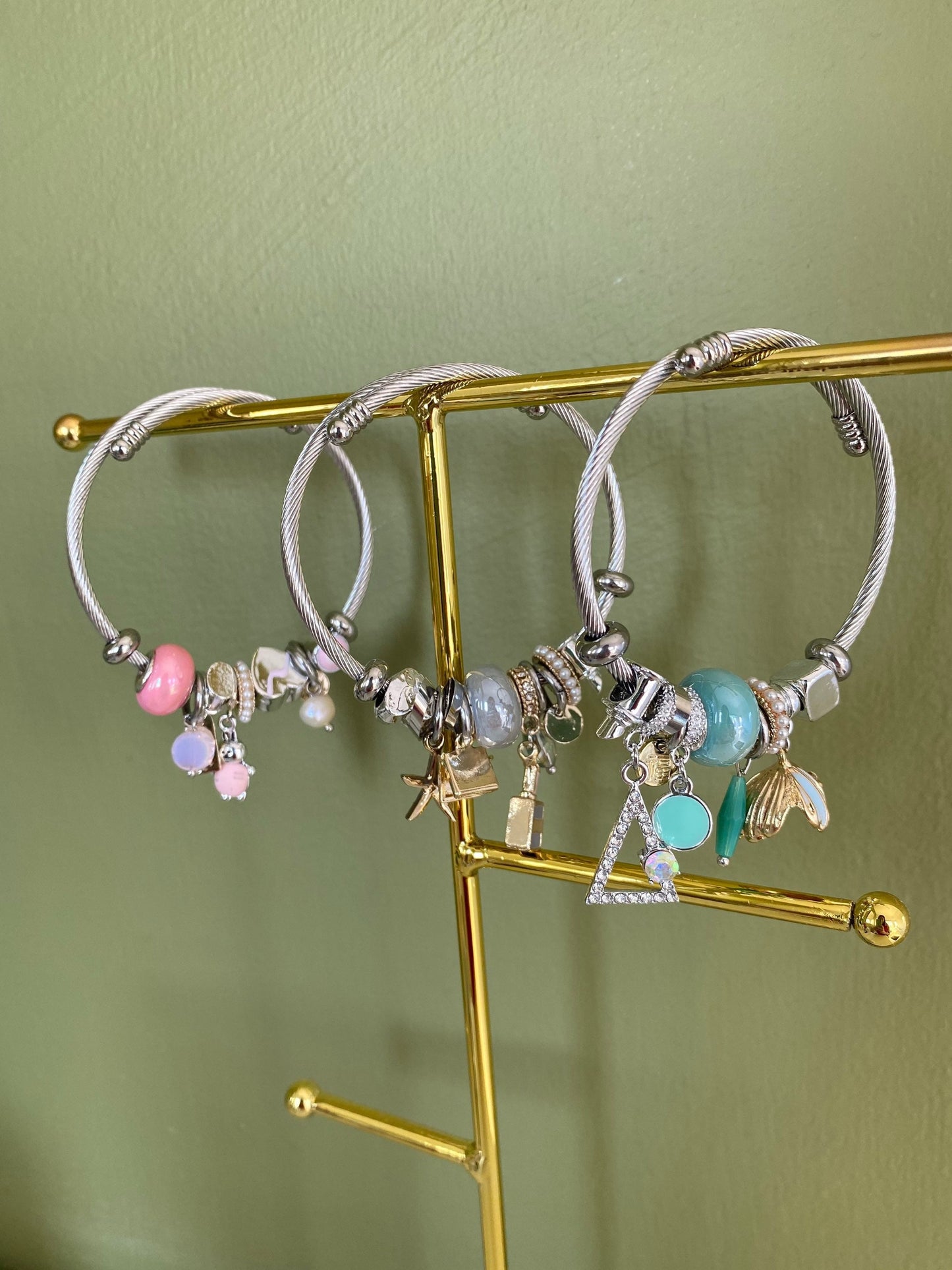Charm Bracelet for Women, Bracelets with Colourful Charms, Bangle Bracelets,Green Grey Pink Bracelets, Silver Bracelet, Mother's Day Gift