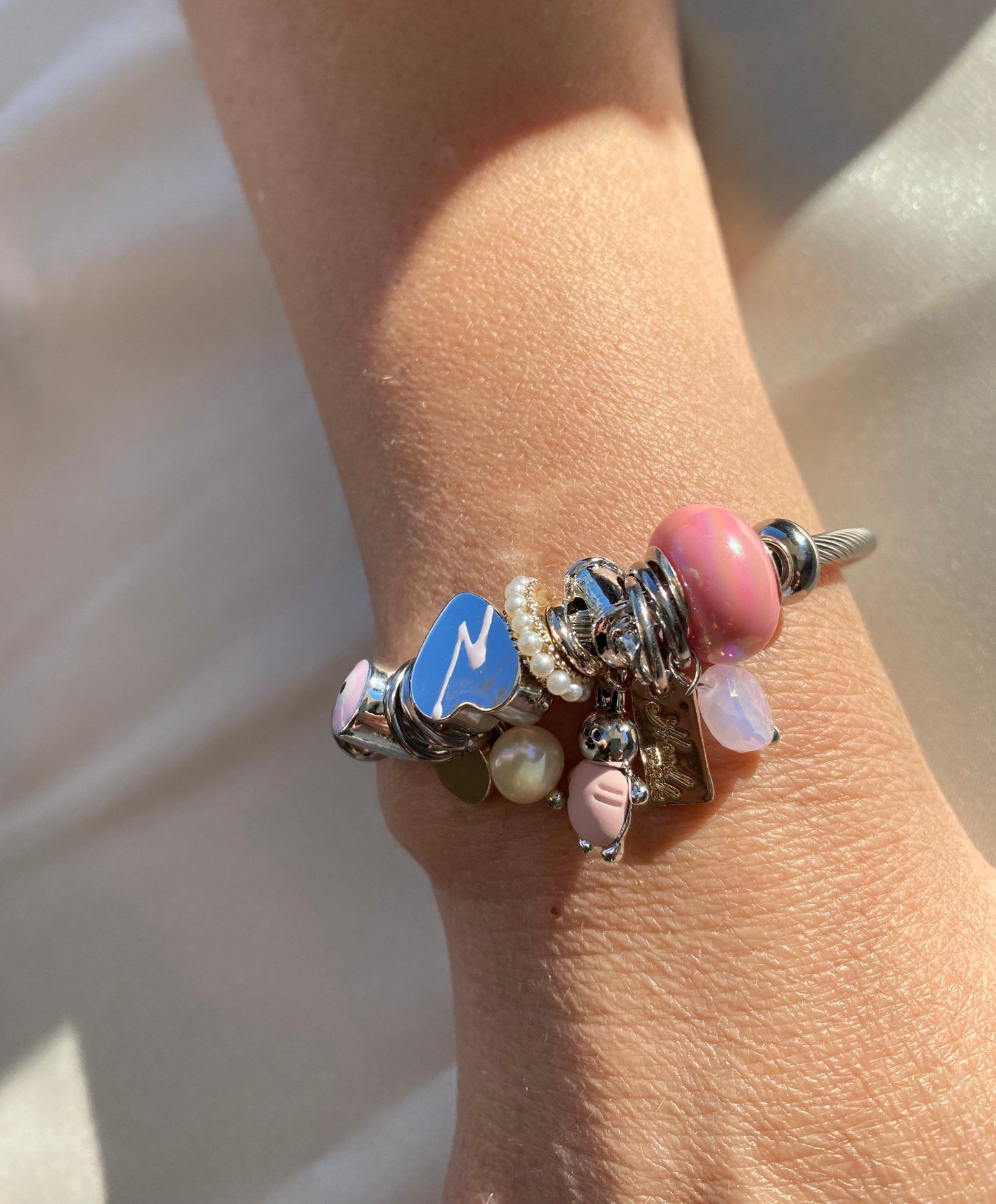 Charm Bracelet for Women, Bracelets with Colourful Charms, Bangle Bracelets,Green Grey Pink Bracelets, Silver Bracelet, Mother's Day Gift