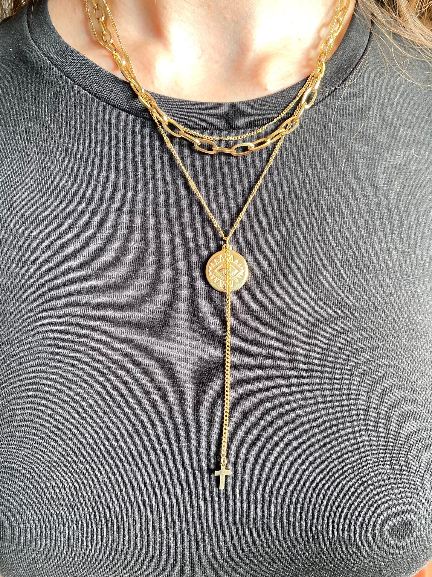 Layered Gold Necklace, Eye Pendant Necklace, Gold Triple Layer Necklace, Stacking Necklace, Birthday Gift, Waterproof Necklace for women