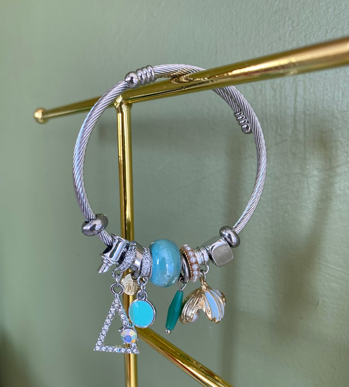 Charm Bracelet for Women, Bracelets with Colourful Charms, Bangle Bracelets,Green Grey Pink Bracelets, Silver Bracelet, Mother's Day Gift