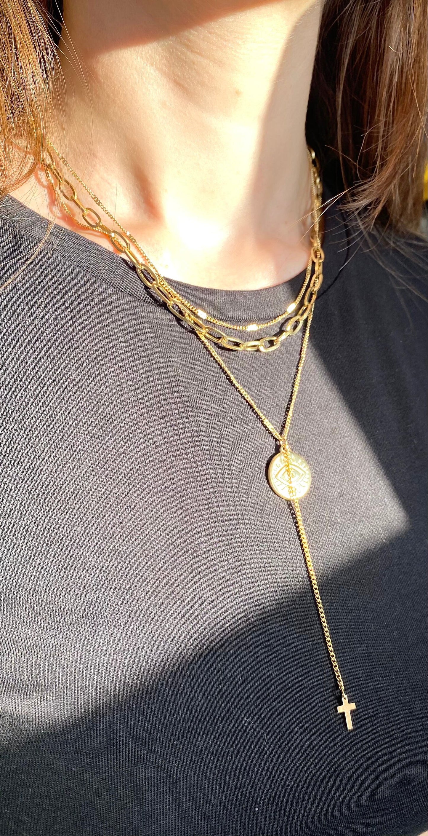 Layered Gold Necklace, Eye Pendant Necklace, Gold Triple Layer Necklace, Stacking Necklace, Birthday Gift, Waterproof Necklace for women