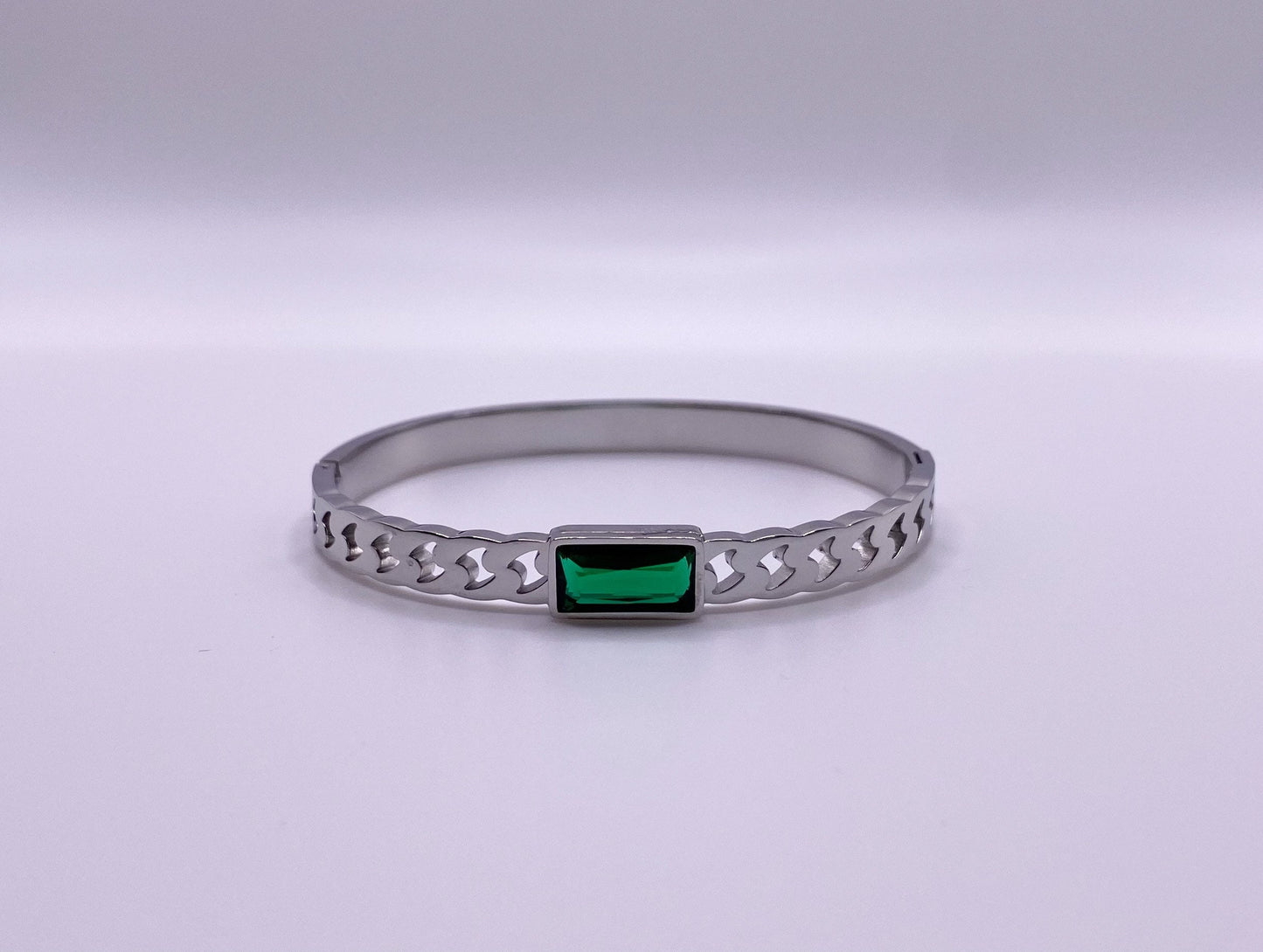 Silver Bangle, Emerald Green Cubic Zirconia Stone, Baguette Cut Bracelet, Silver Bracelet, Waterproof,Non Tarnish,Gift for her,Silver Bangle