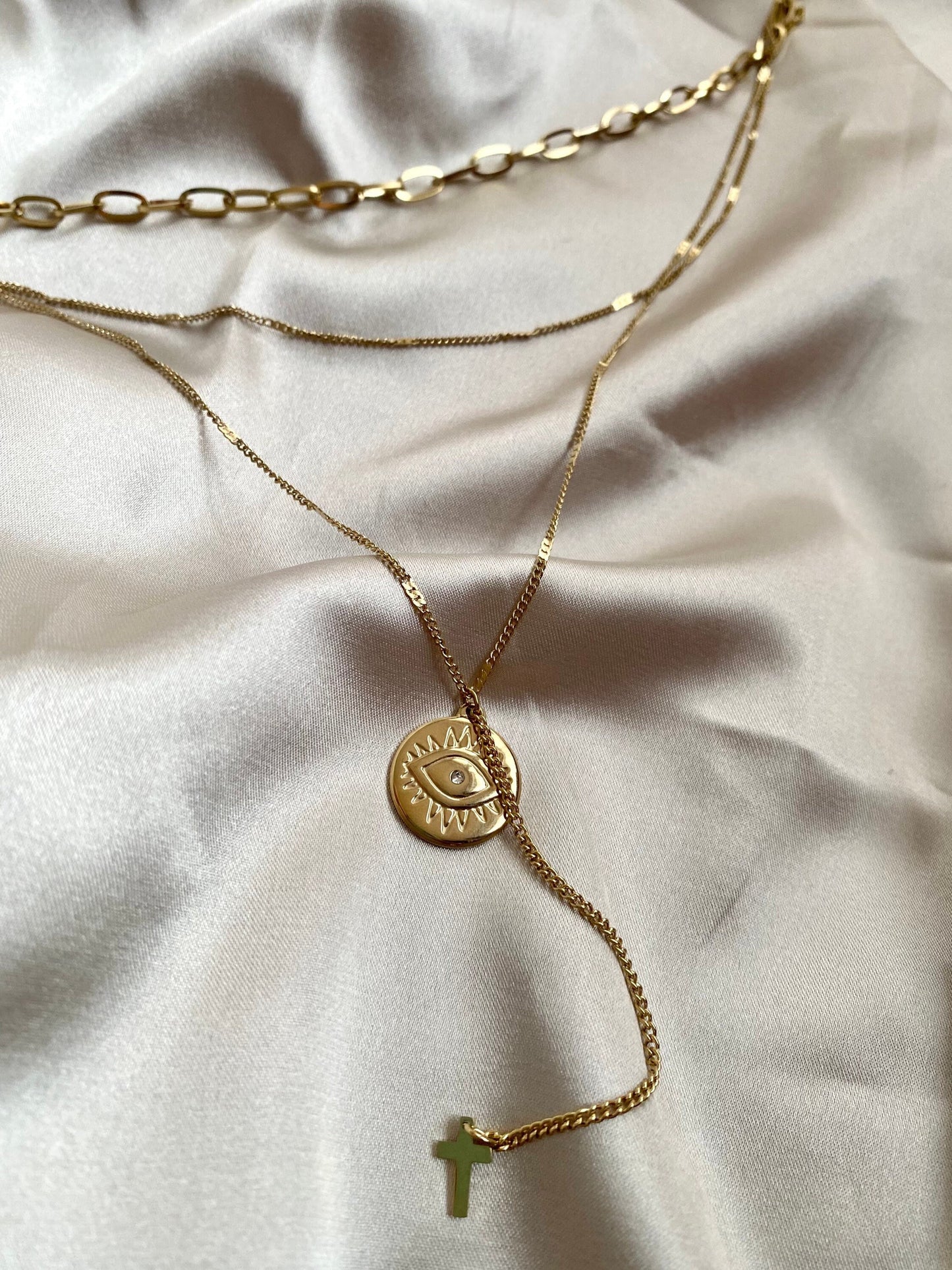 Layered Gold Necklace, Eye Pendant Necklace, Gold Triple Layer Necklace, Stacking Necklace, Birthday Gift, Waterproof Necklace for women
