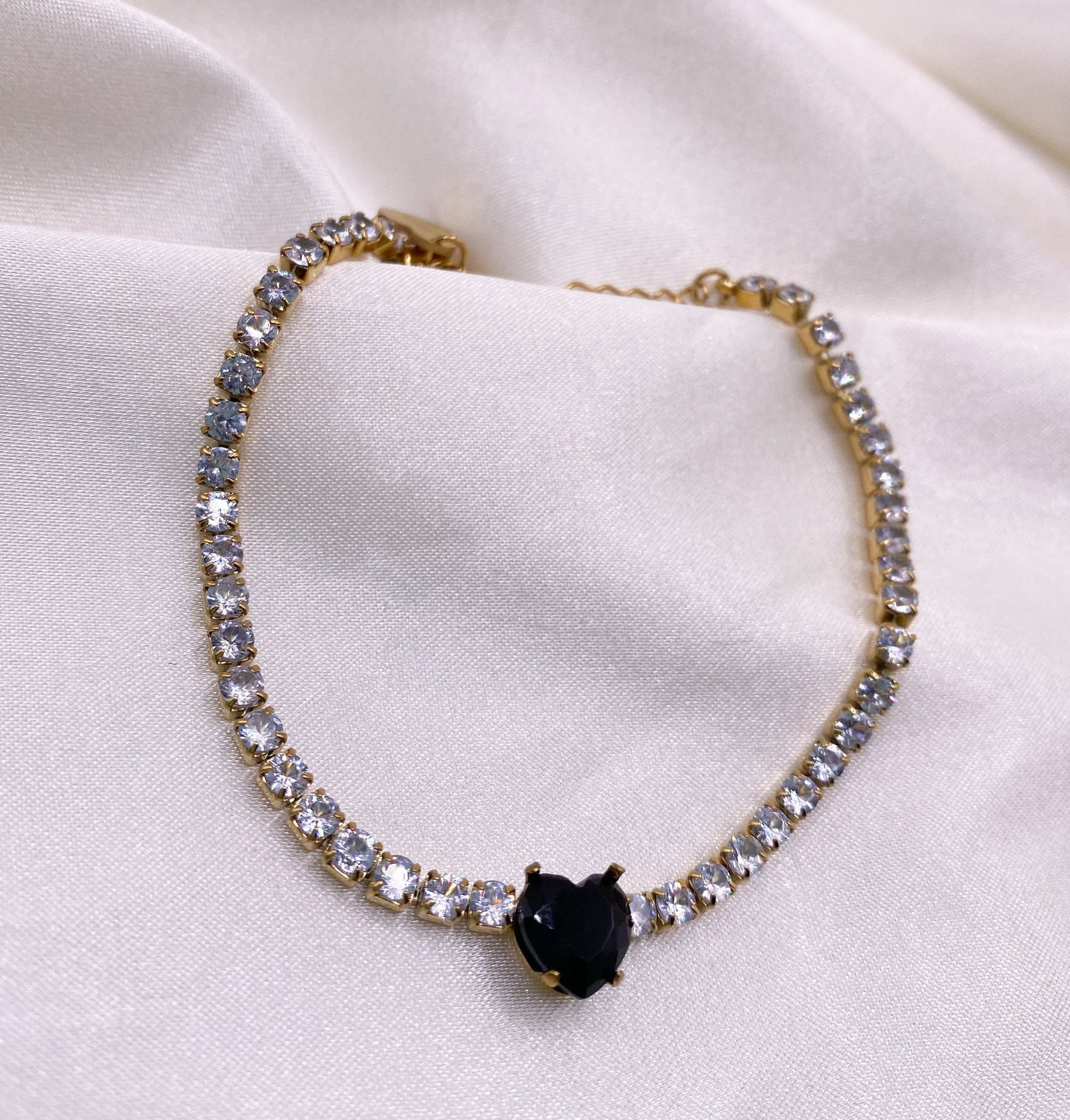 Sparkling Heart Tennis Bracelet, Gift for her, Gold and Silver Tennis Bracelets, Black Heart Baguette Bracelet, Diamon Crystal bracelet