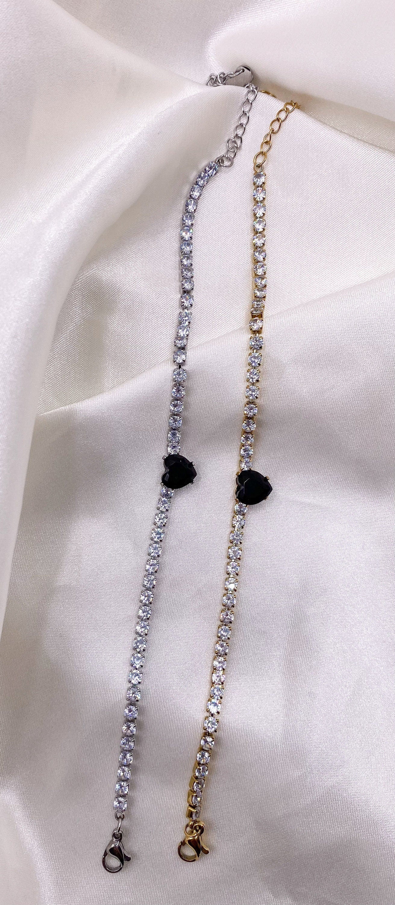 Sparkling Heart Tennis Bracelet, Gift for her, Gold and Silver Tennis Bracelets, Black Heart Baguette Bracelet, Diamon Crystal bracelet