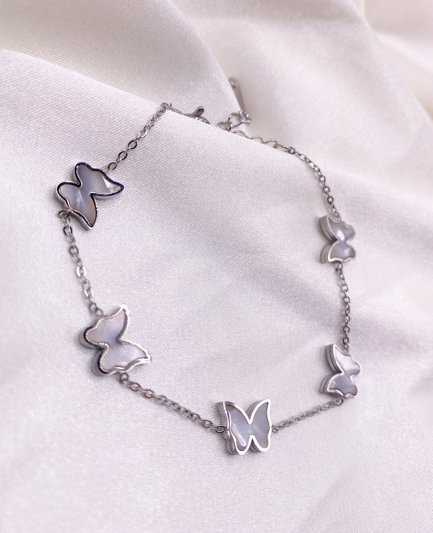 Silver Butterfly Bracelet, Gift for her, Mother of Pearl Bracelet, Dainty Bracelet for Women, Butterfly Charm Bracelet, Tarnish-free