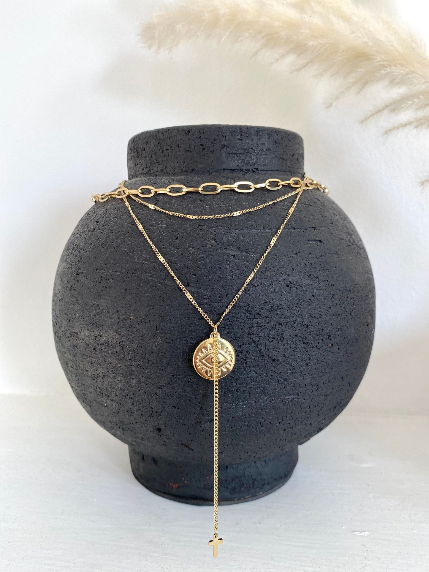 Layered Gold Necklace, Eye Pendant Necklace, Gold Triple Layer Necklace, Stacking Necklace, Birthday Gift, Waterproof Necklace for women