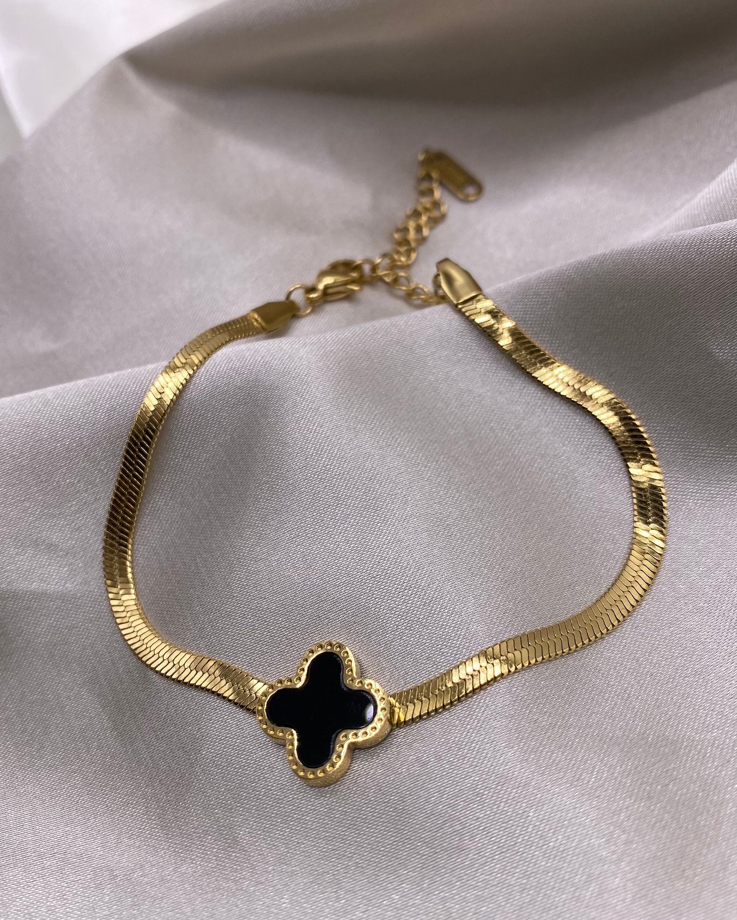 Black Clover Bracelet and Earrings Set, Four Leaf Clover Gold Herringbone Bracelet, Snake Chain Bracelet, Waterproof, Mother's Day Gift