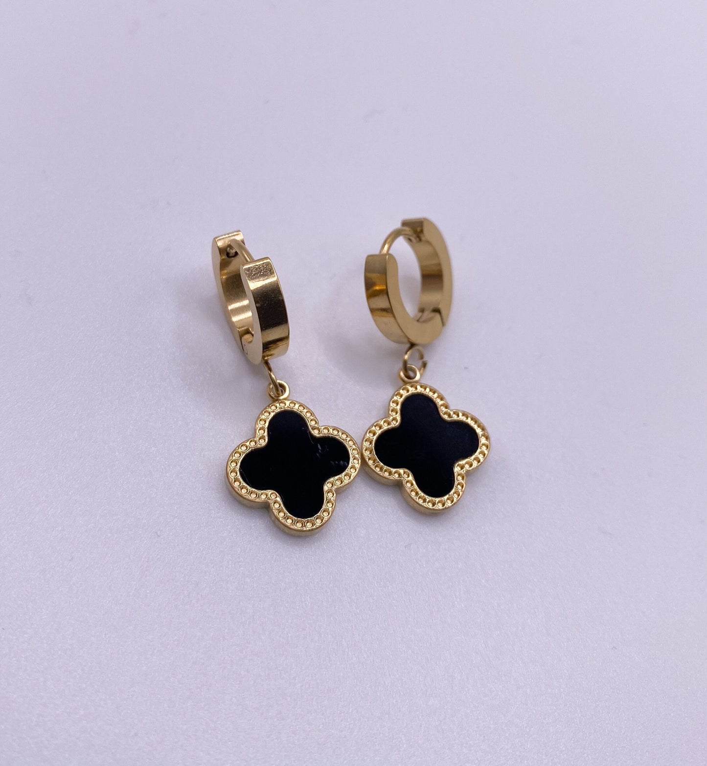 Black Clover Bracelet and Earrings Set, Four Leaf Clover Gold Herringbone Bracelet, Snake Chain Bracelet, Waterproof, Mother's Day Gift
