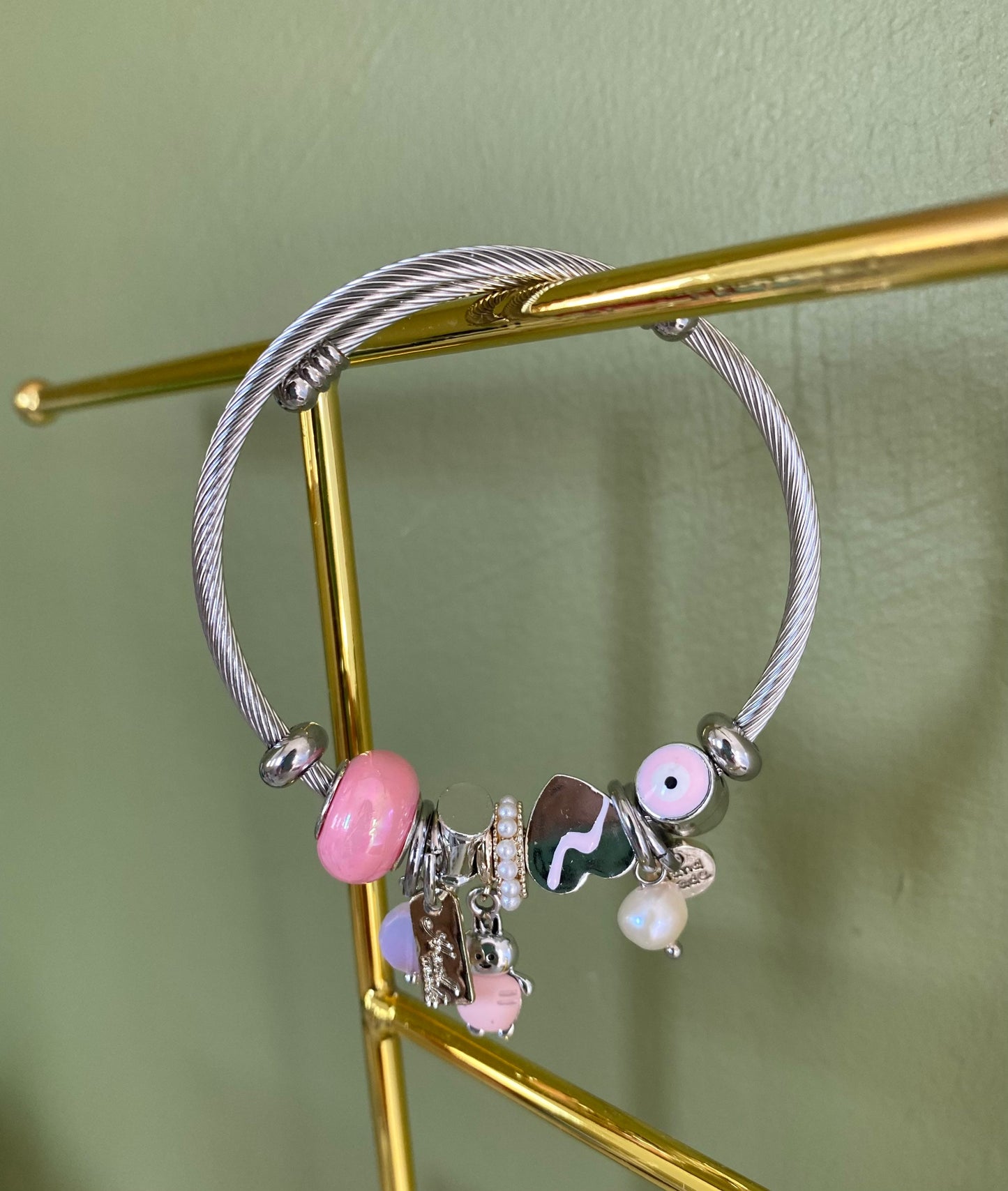 Charm Bracelet for Women, Bracelets with Colourful Charms, Bangle Bracelets,Green Grey Pink Bracelets, Silver Bracelet, Mother's Day Gift