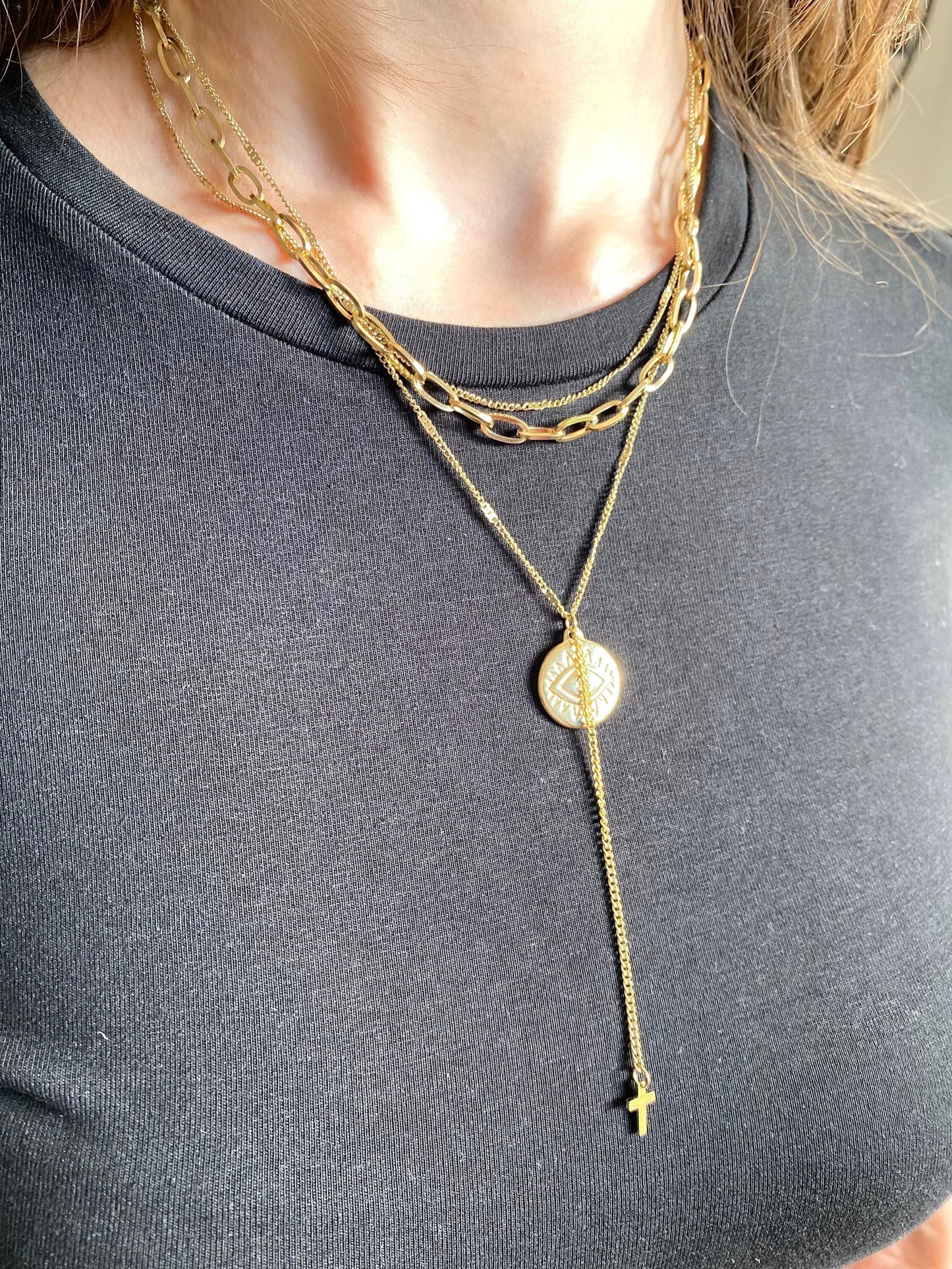 Layered Gold Necklace, Eye Pendant Necklace, Gold Triple Layer Necklace, Stacking Necklace, Birthday Gift, Waterproof Necklace for women