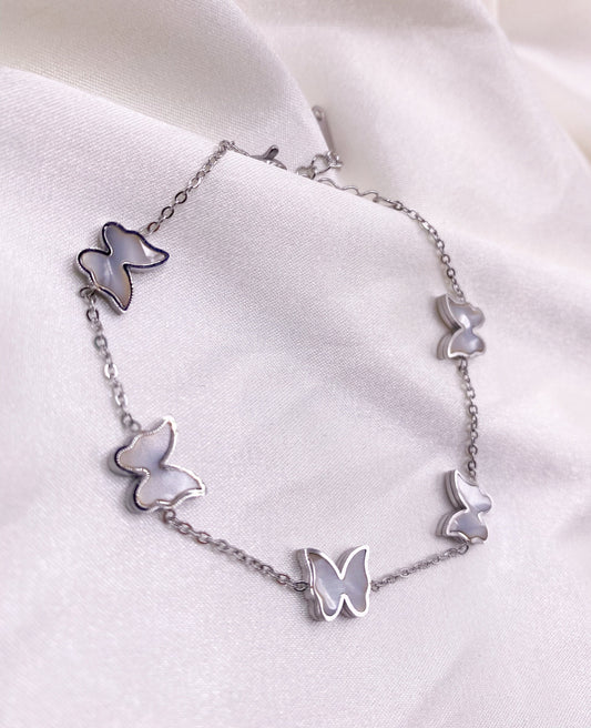 Silver Butterfly Bracelet, Gift for her, Mother of Pearl Bracelet, Dainty Bracelet for Women, Butterfly Charm Bracelet, Tarnish-free