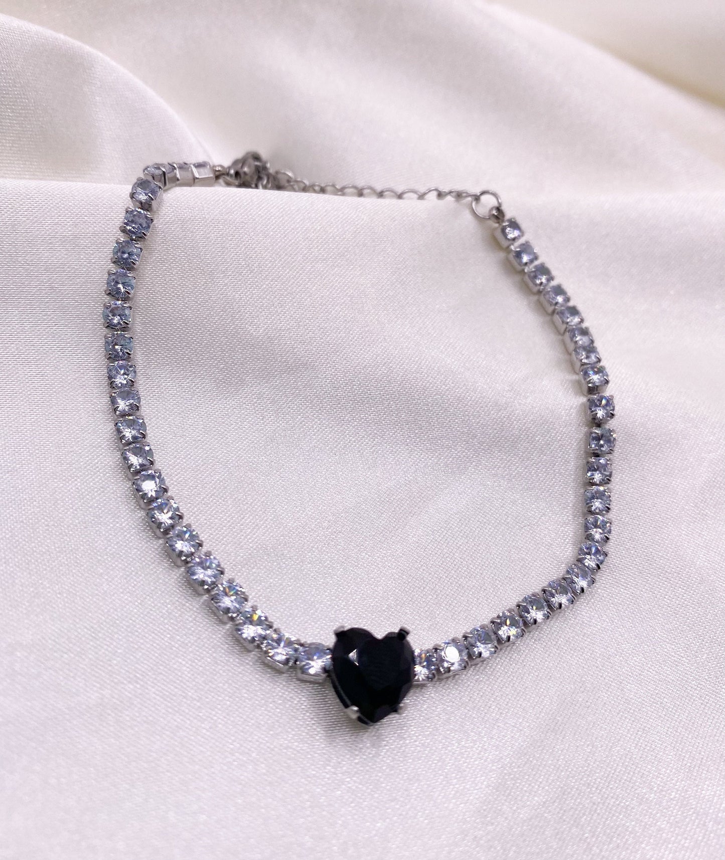 Sparkling Heart Tennis Bracelet, Gift for her, Gold and Silver Tennis Bracelets, Black Heart Baguette Bracelet, Diamon Crystal bracelet