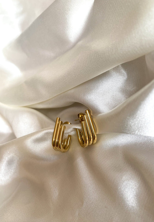 Gold Triple Hoop Earrings, 3 Layer U-Shaped Tube Earrings, Gold Chunky Hoops, Gold Vintage Earrings, Non-tarnish,Mothers Day Gift,Waterproof