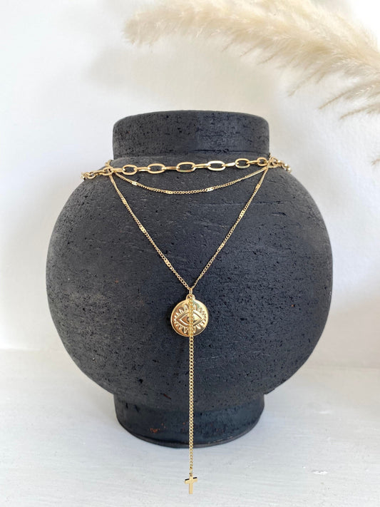 Layered Gold Necklace, Eye Pendant Necklace, Gold Triple Layer Necklace, Stacking Necklace, Birthday Gift, Waterproof Necklace for women