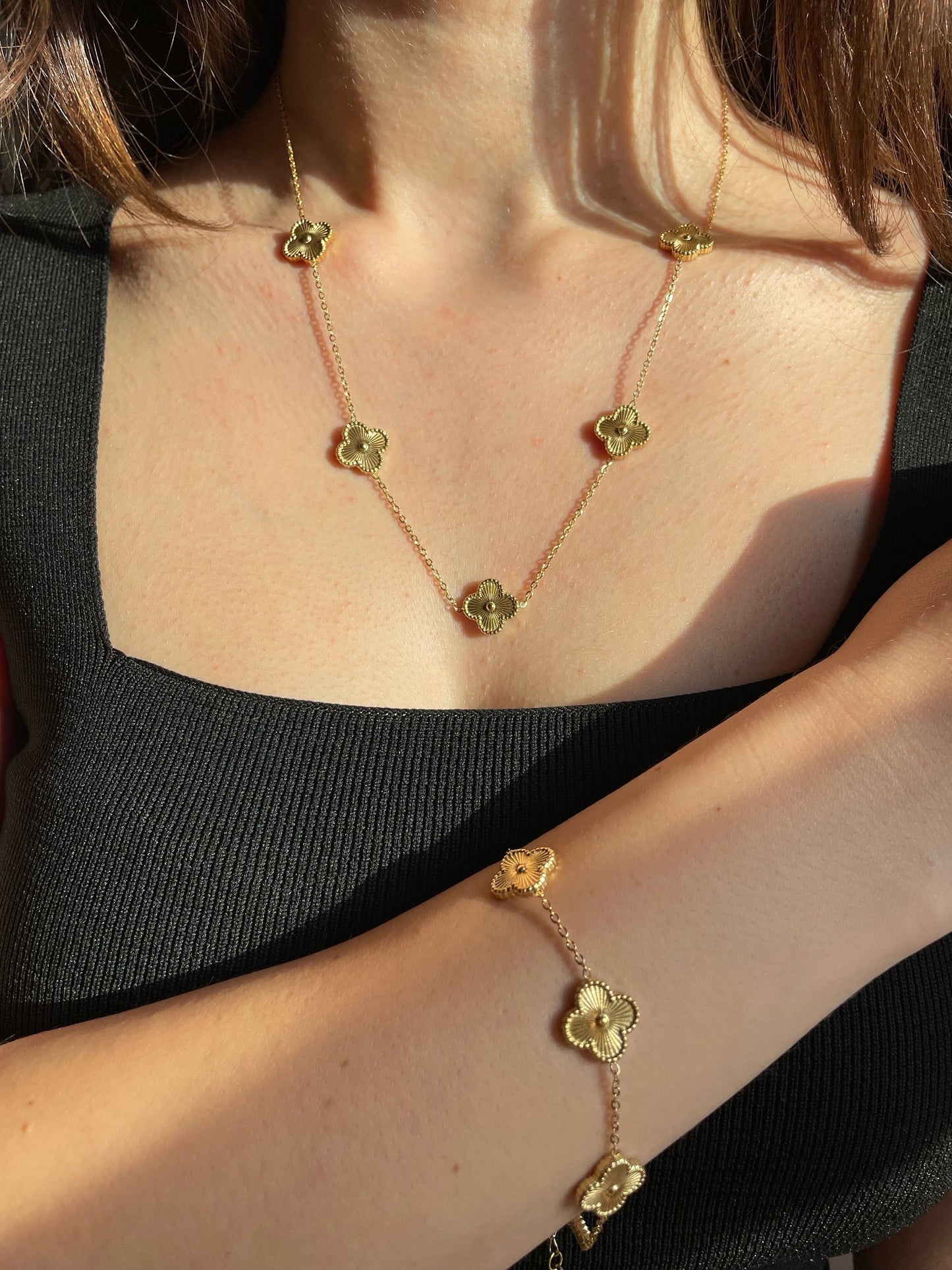 Clover Bracelet, Necklace and Earrings in Gold