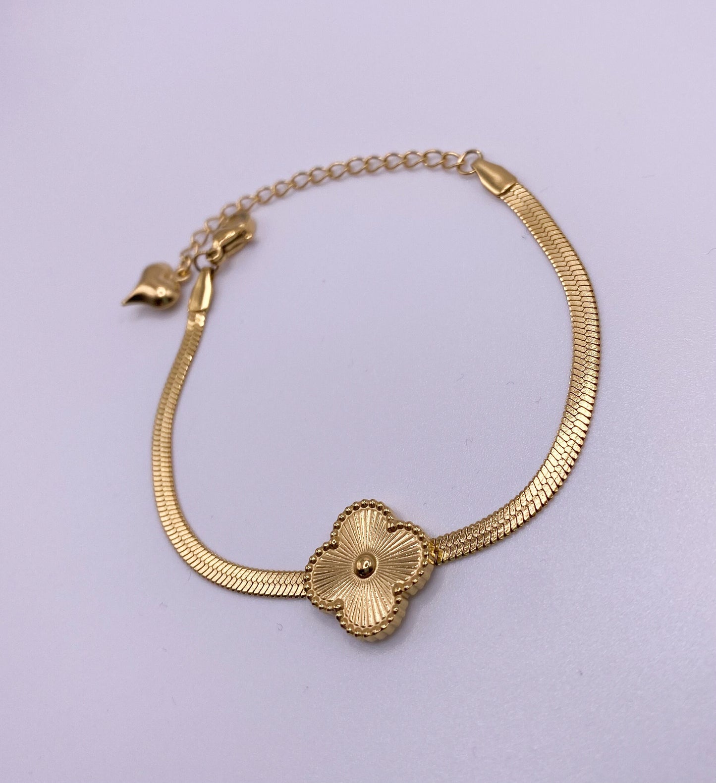 Four Leaf Clover Gold Herringbone Bracelet, Gold Clover Bracelet, Layering Snake Chain Bracelet, Waterproof, Flat Chain, Mother's Day Gift