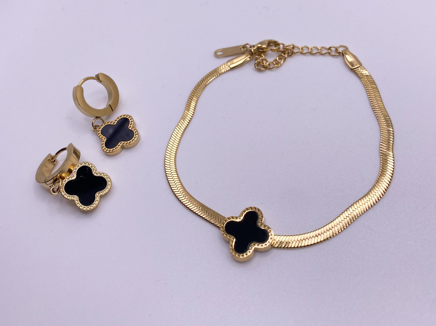 Black Clover Bracelet and Earrings Set, Four Leaf Clover Gold Herringbone Bracelet, Snake Chain Bracelet, Waterproof, Mother's Day Gift