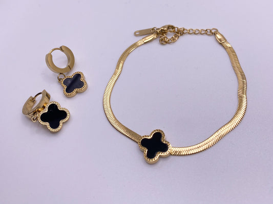 Black Clover Bracelet and Earrings Set, Four Leaf Clover Gold Herringbone Bracelet, Snake Chain Bracelet, Waterproof, Mother's Day Gift